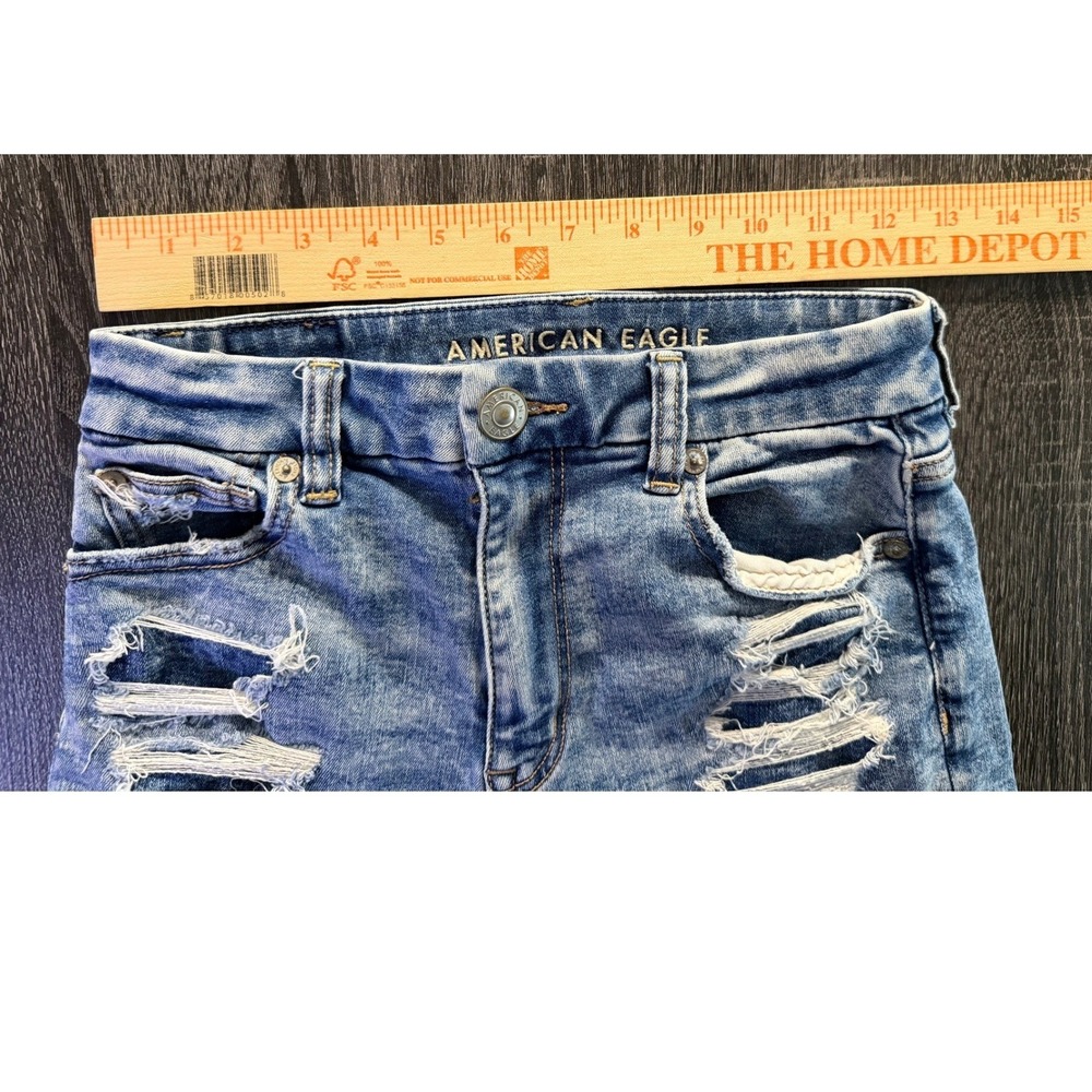 American Eagle Dark‎  Wash Distressed Denim Shorts High Rise Cutoff Women 0 Y2K - Picture 6 of 7